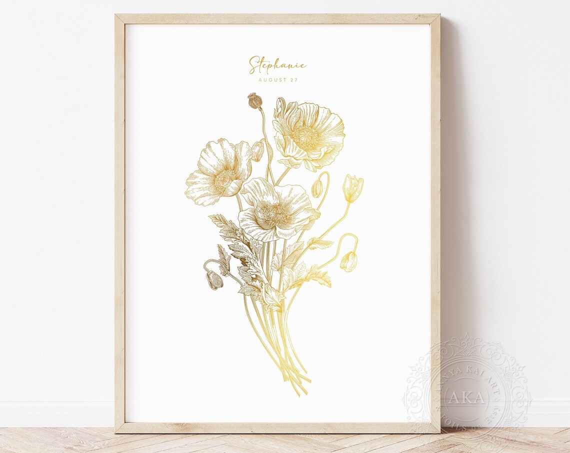 August Birth Flower Poppy Gold Foil Botanical Birthday Wall Art