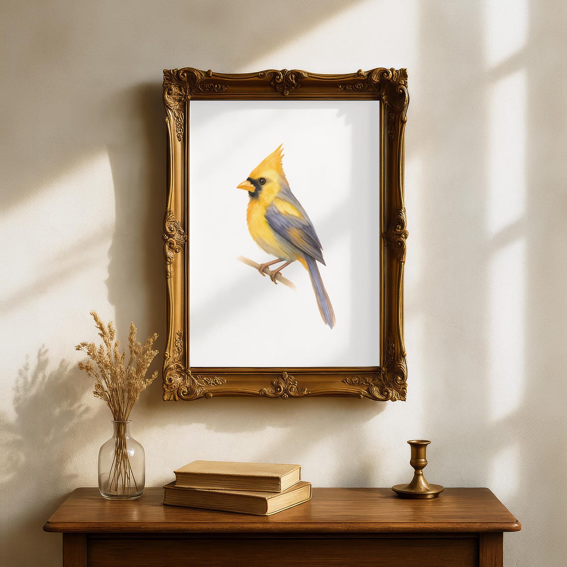 Golden Yellow Cardinal Perched Elegant Watercolor Bird Art Poster
