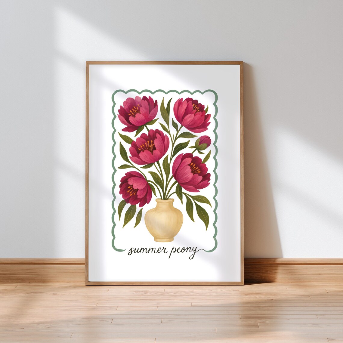 Red Summer Peony Watercolor in a Cream Vase Botanical Floral Poster
