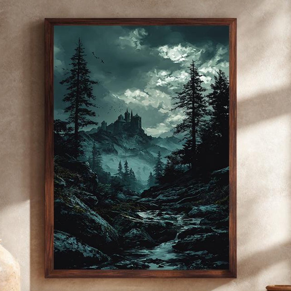 Dark Gothic Castle in Misty Mountain Forest Fantasy Night Poster