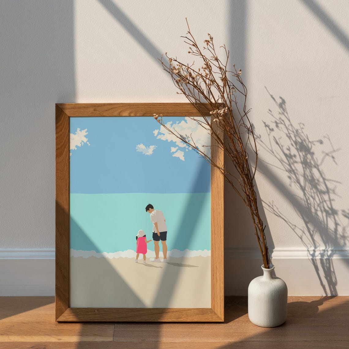 Father and Daughter Holding Hands on Beach Turquoise Sea Wall Art - Image 2