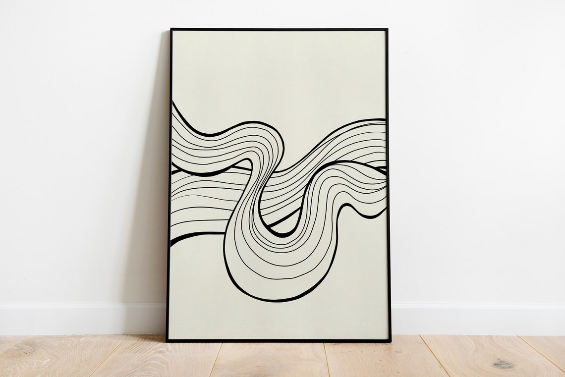 Minimalist Black Line Ribbon Flow Abstract Cream Wall Art Print - Image 2