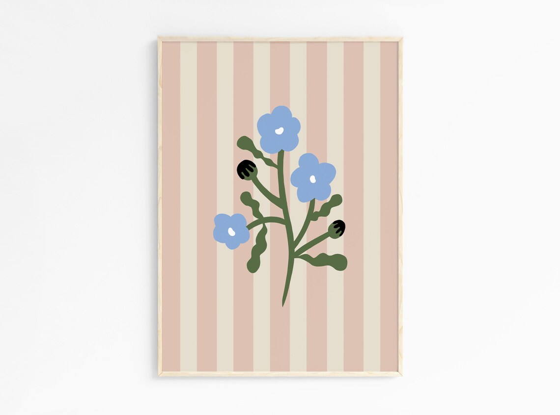 Blue Flower Stem Illustration on Pink Cream Striped Floral Poster - Image 2