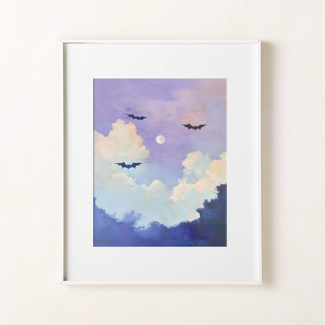 Bats Flying Pastel Painting Halloween Wall Art Abstract Full Moon Print