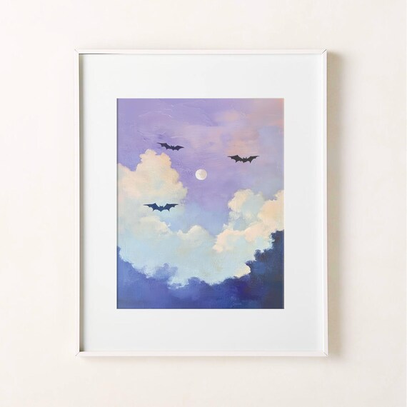 Bats Flying Pastel Full Moon Night Sky Halloween Abstract Art Poster