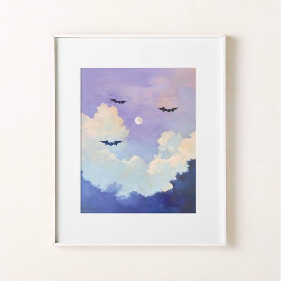 Bats Flying Pastel Painting Halloween Wall Art Abstract Full Moon Print