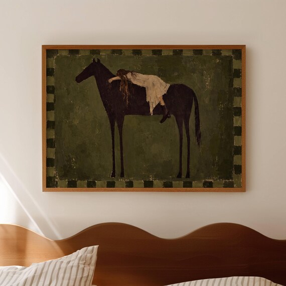 Minimalist Abstract Horse Rider Khaki Green Oil Painting Print Horizontal Contemporary Wall Art Hand Drawn Modern Western Cowgirl Poster