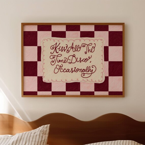 Kiss All The Time Disco Occasionally Harry Inspired Lyrics Quote Print Horizontal Kissco Wall Art Hand Drawn Pink Ruby Typography Poster