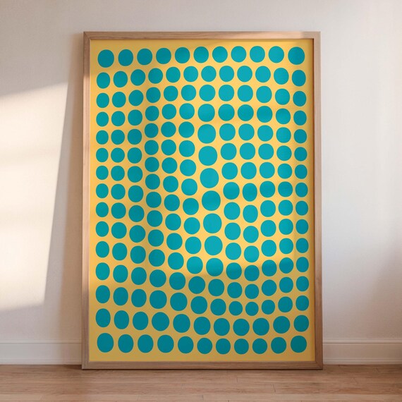 Hand Drawn Art Blue Yellow Retro Illustration Abstract Wall Mid Century Modern Apartment Decor Vibrant Print