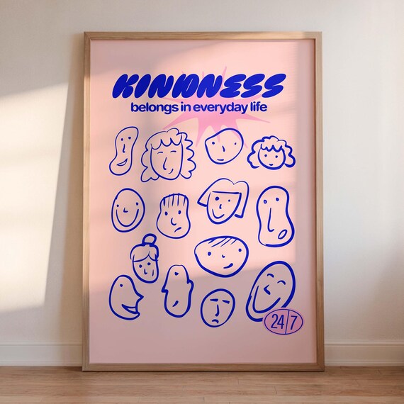 Pink And Blue Poster Kindness Home Wall Decor Hand Drawn Art Retro Trendy Gift Be Kind Scribble