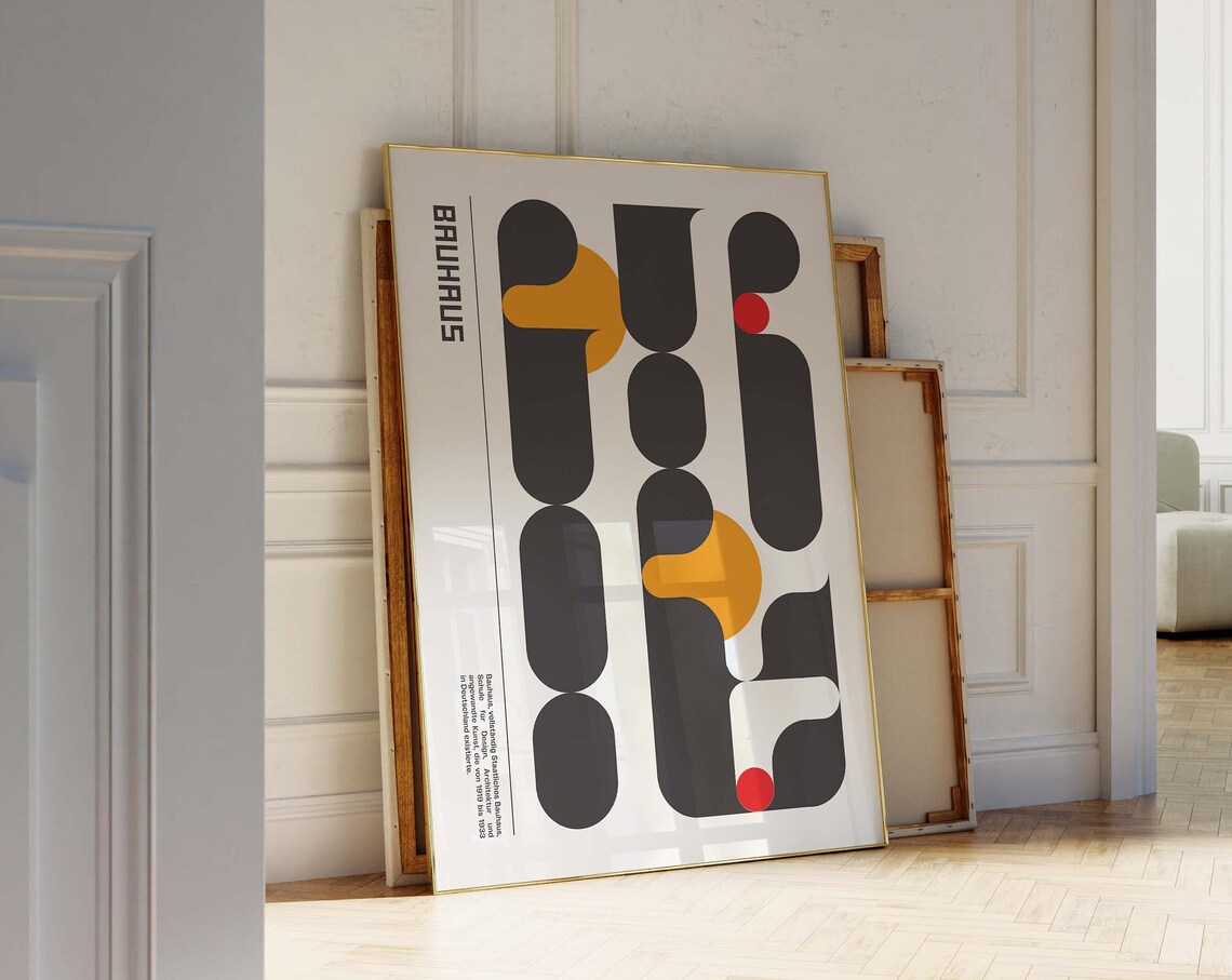 Bauhaus Vertical Abstract Poster Gray Pills with Orange Red Dots Art