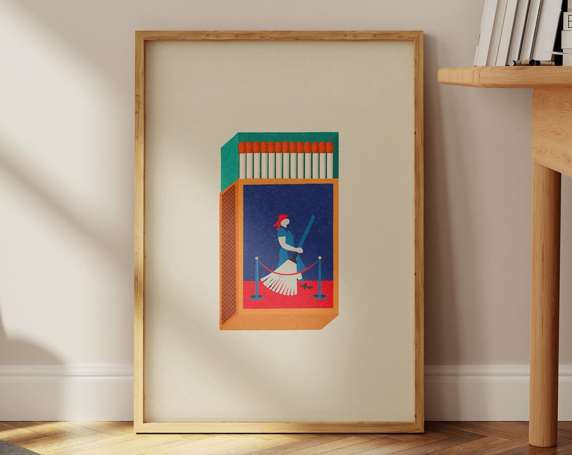 Vintage Matchbox Woman With Umbrella Illustration Art Poster