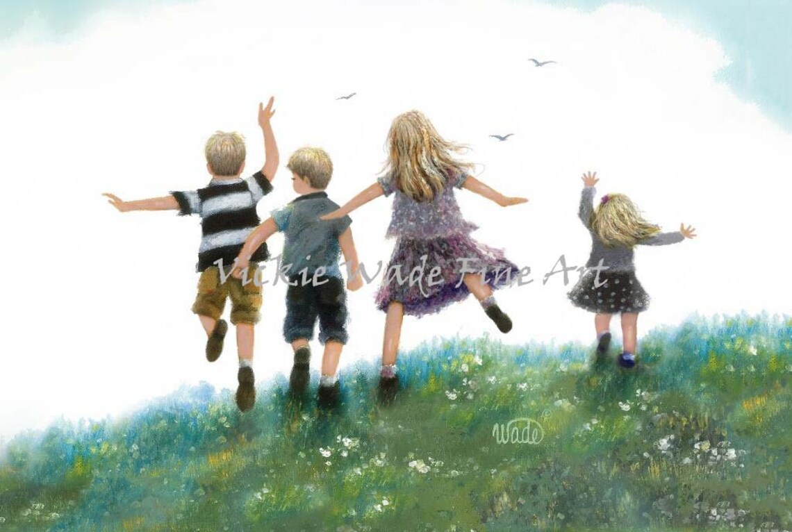 Four Children Leaping Blonde Girl Boy Boy Girl In Meadow Two Girls Two Boys Two Brothers Two Sisters Vickie Wade Art