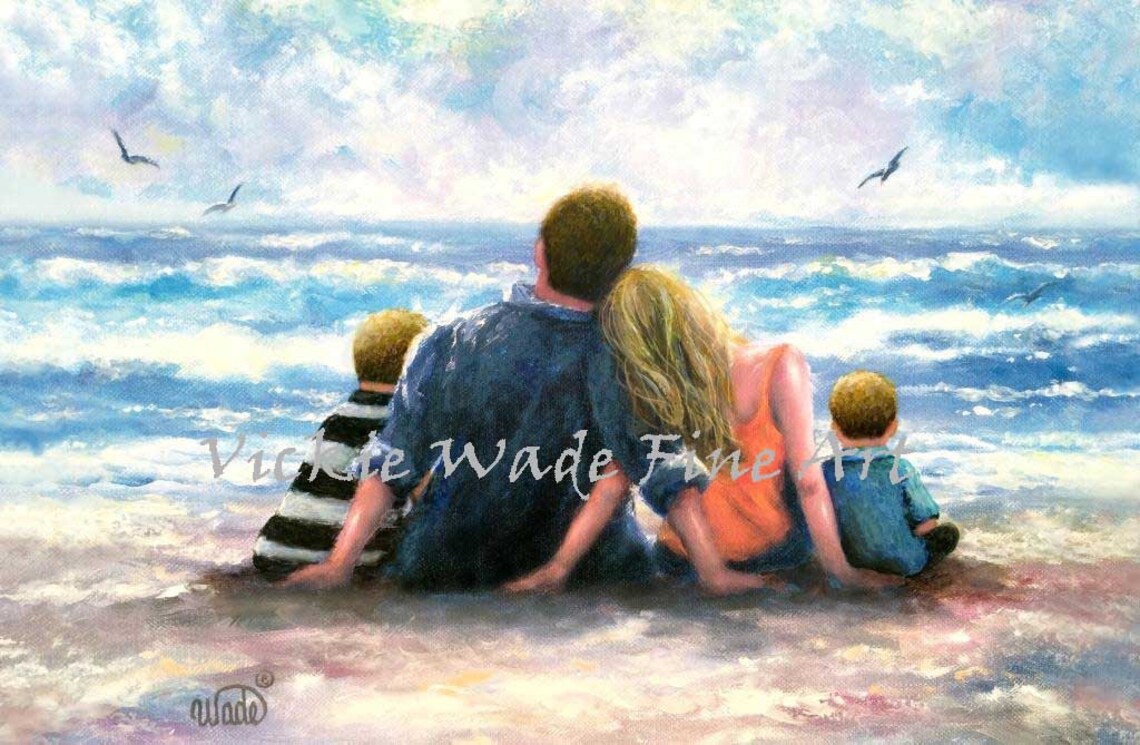 Parents and Two Sons Sitting on the Beach Watching the Ocean Poster