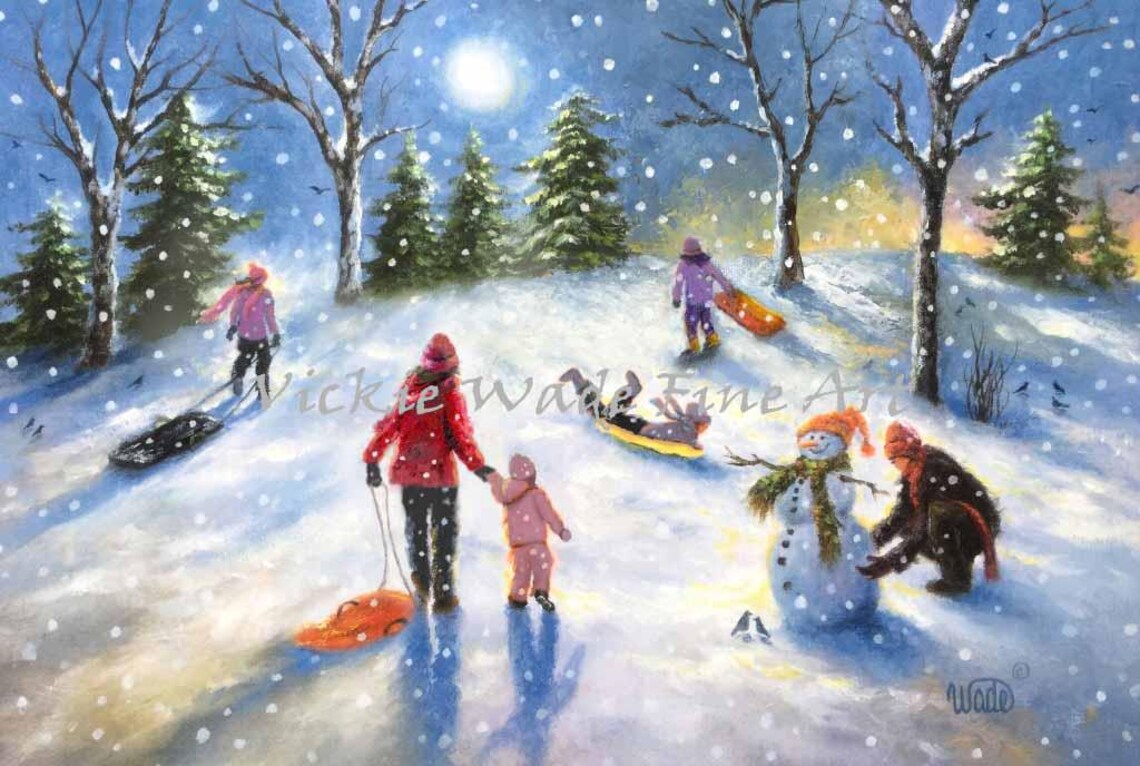 Mom and Five Girls Moonlight Sledding with a Snowman Nearby Poster