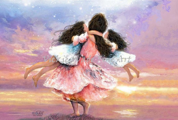 Three Sisters Twirling Art Print Three Girls Blonde Twin Girls Three Daughters Girls Spinning In Dresses At Sunset Vickie Wade Art