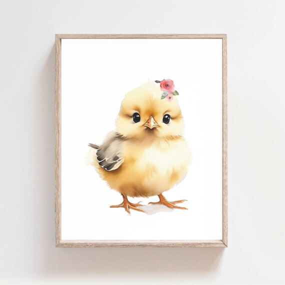 Sweet Baby Chick Pink Flower Watercolor Nursery Room Art Poster