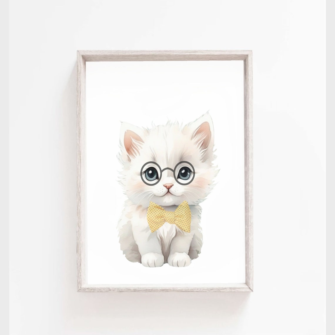 White Watercolor Kitten Glasses Yellow Bow Tie Cute Nursery Poster