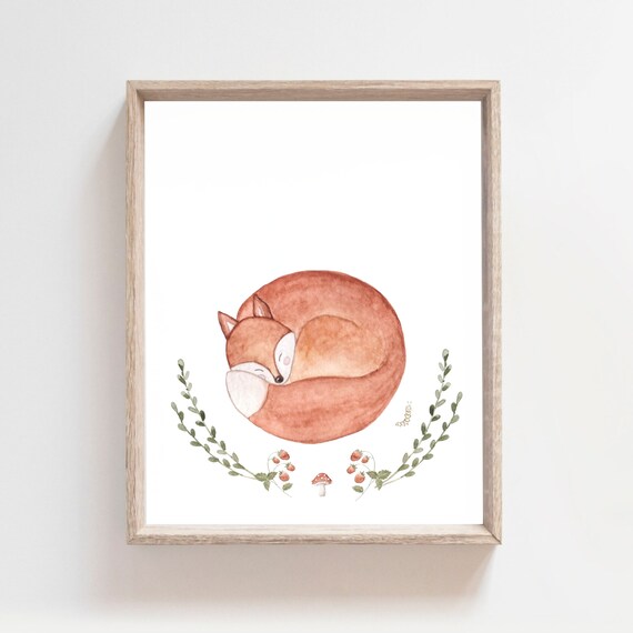 Sleeping Fox Curled In Circle With Leaf Wreath Woodland Watercolor Poster