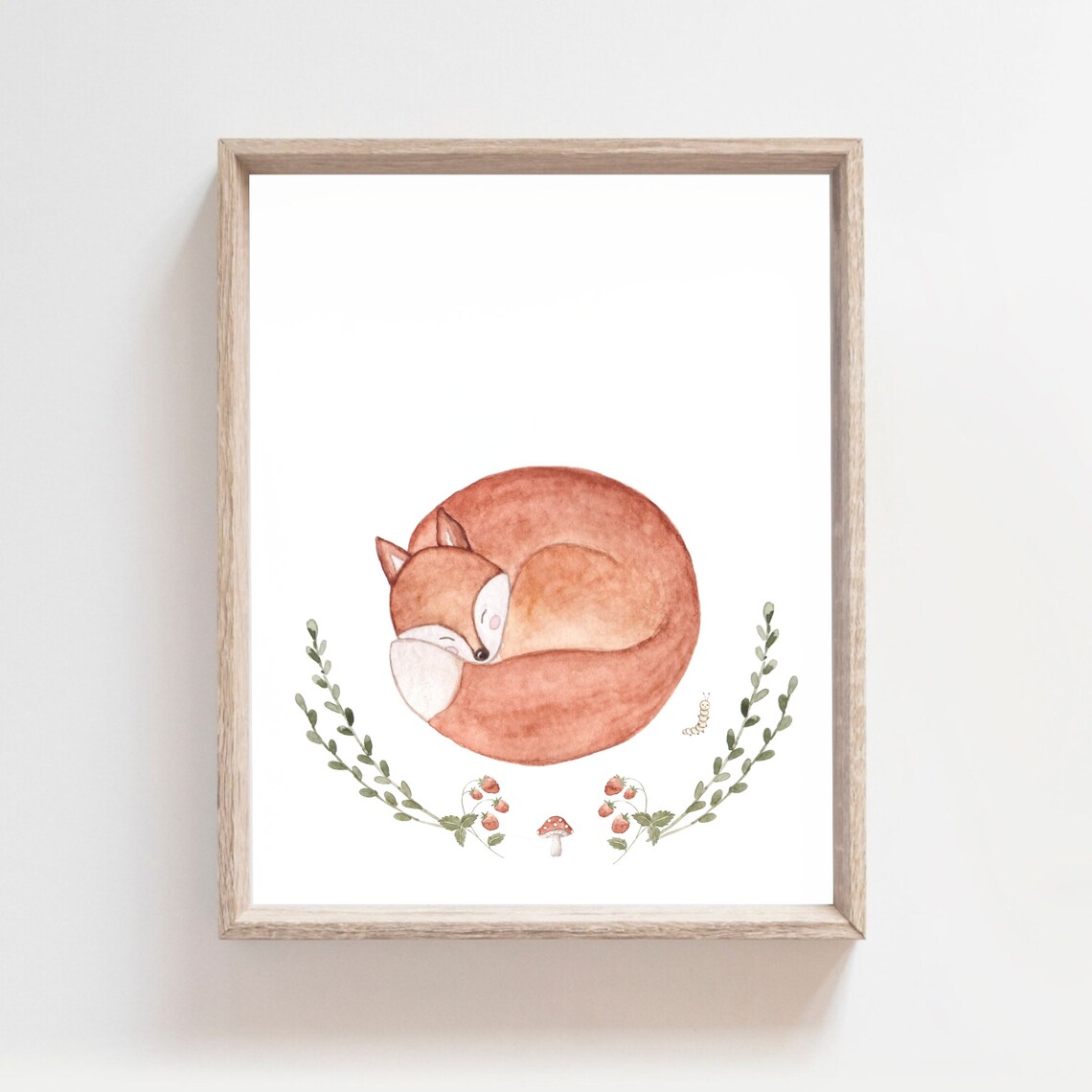 Sleeping Fox Curled In Circle With Leaf Wreath Woodland Watercolor Poster