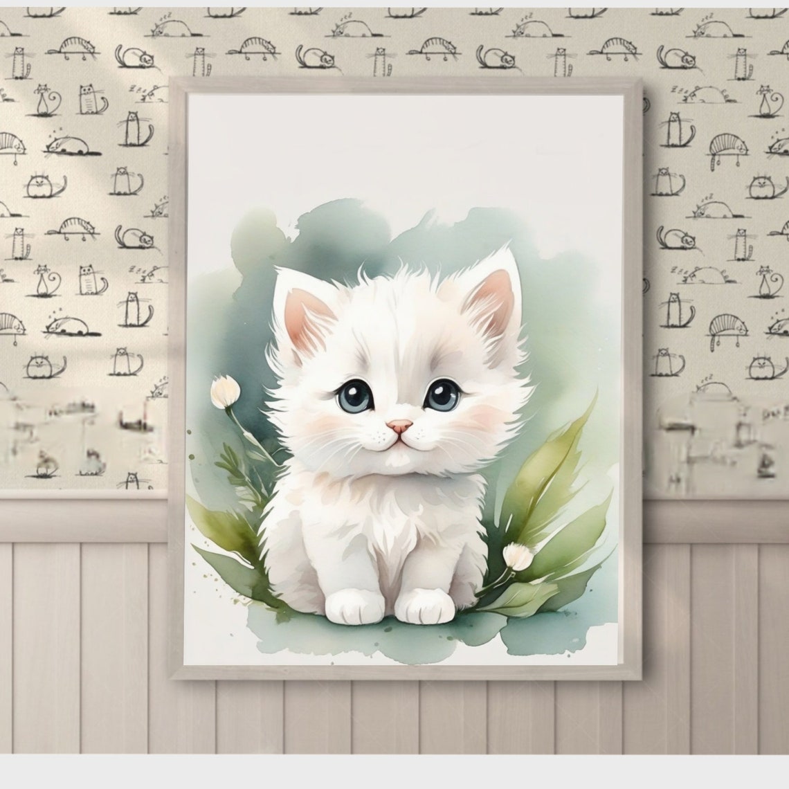 White Kitten Watercolor Portrait Fluffy Baby Cat Nursery Wall Poster - Image 2