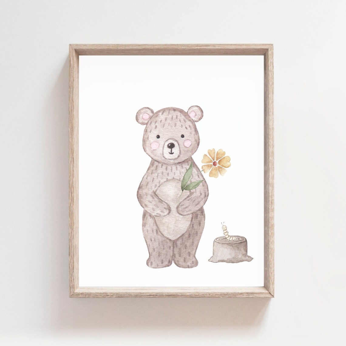 Watercolor Bear Holding Yellow Flower With Caterpillar Woodland Poster