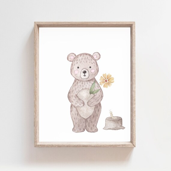 Watercolor Bear Holding Yellow Flower With Caterpillar Woodland Poster