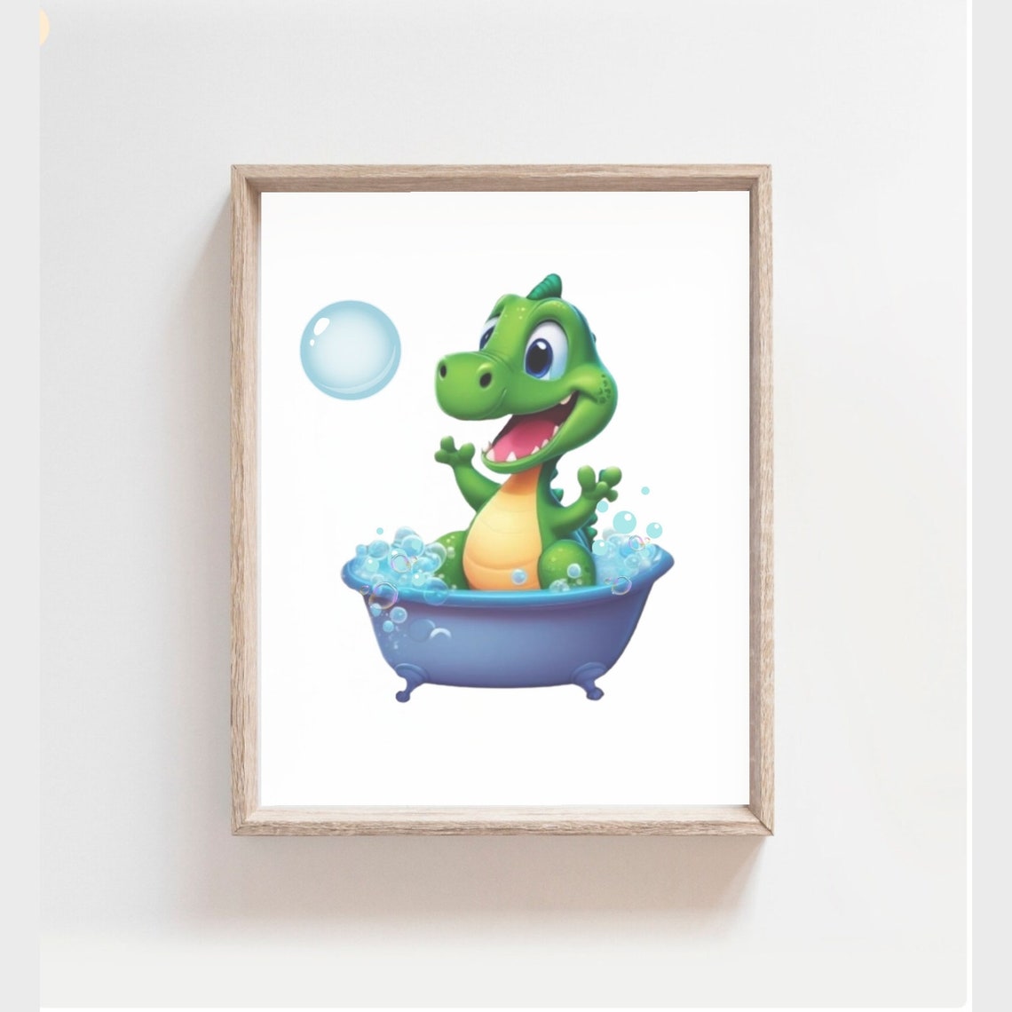 Happy Green Dinosaur Bubble Bath Cartoon Kids Room Decor Poster