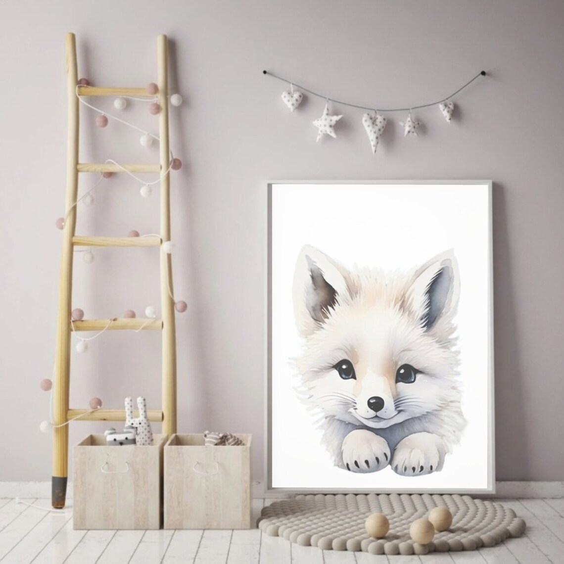 Sweet Baby White Fox Watercolor Nursery Poster Cute Woodland Animal Art - Image 2
