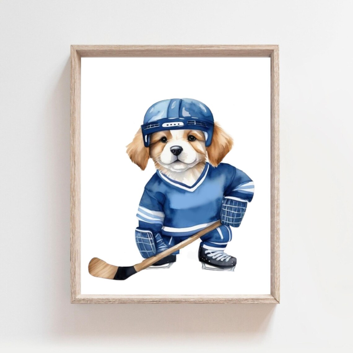 Puppy Hockey Goalie in Full Gear Watercolor Sports Nursery Poster