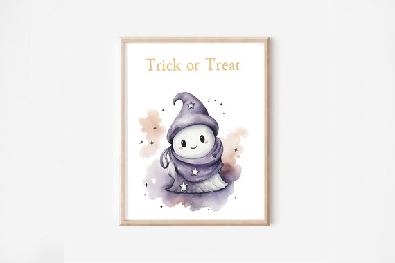 Trick or Treat Ghost Wizard Watercolor Kids Halloween Nursery Poster