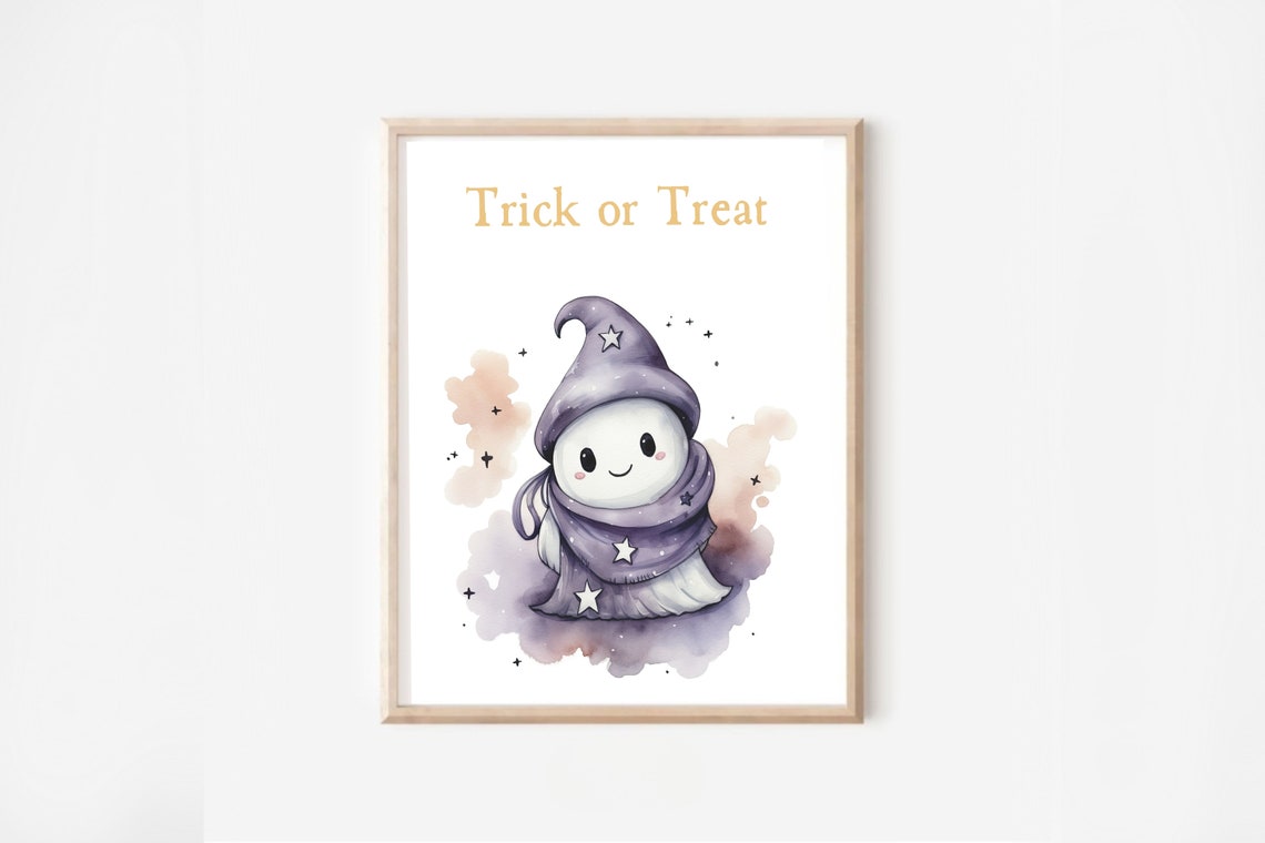Trick or Treat Ghost Wizard Watercolor Kids Halloween Nursery Poster