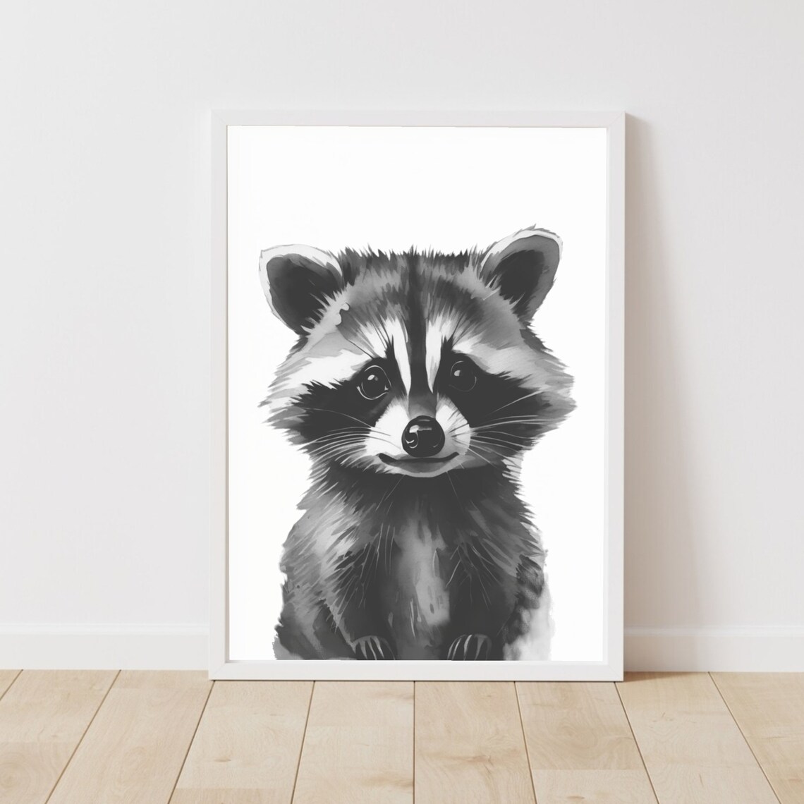 Baby Raccoon Portrait Watercolor Black and White Nursery Poster