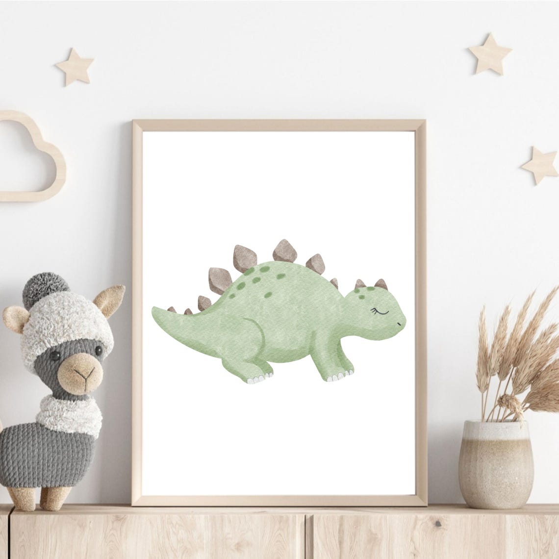 Sleepy Green Stegosaurus Watercolor Dinosaur Nursery Decor Poster - Image 2