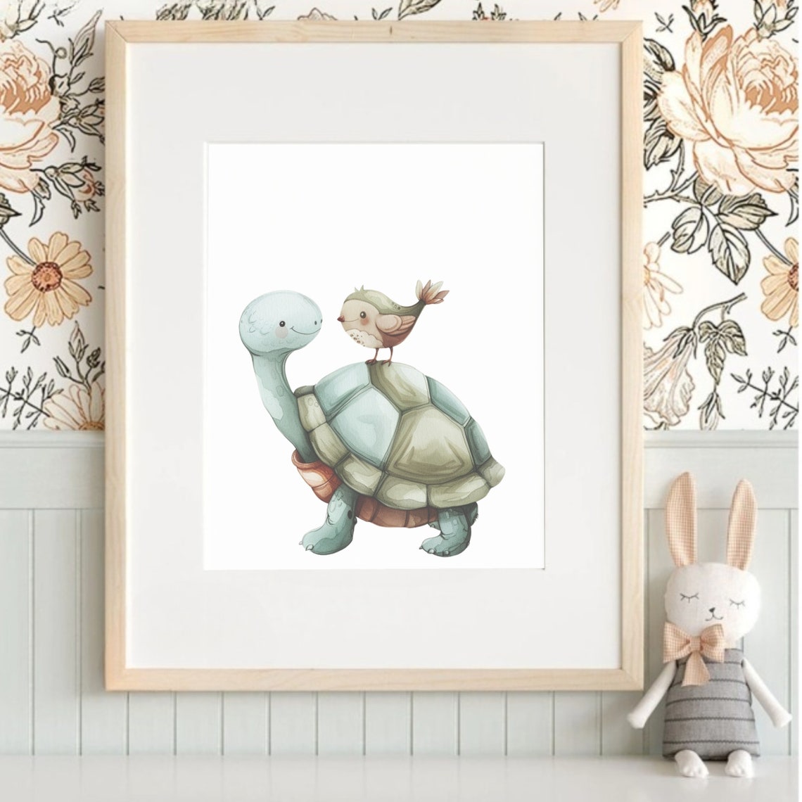 Smiling Turtle With Bird Riding On Its Shell Watercolor Poster - Image 2