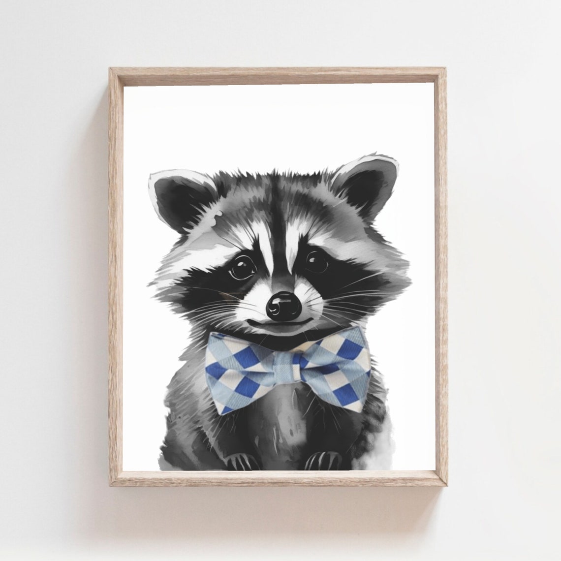 Dapper Baby Raccoon Blue Checkered Bow Tie Nursery Art Poster - Image 2