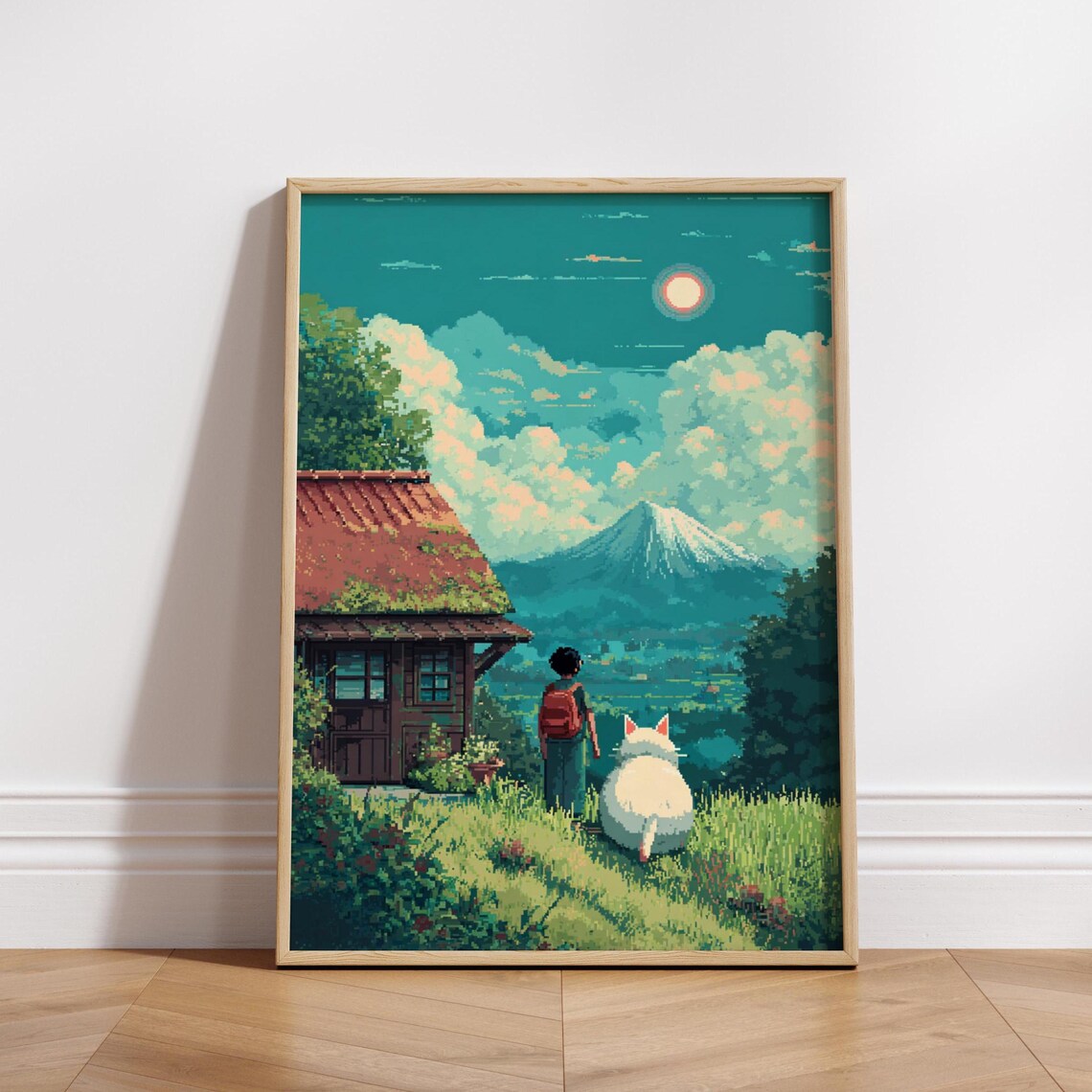 Anime Pixel Art Child and Cat Gazing at Mount Fuji Countryside Scene Poster