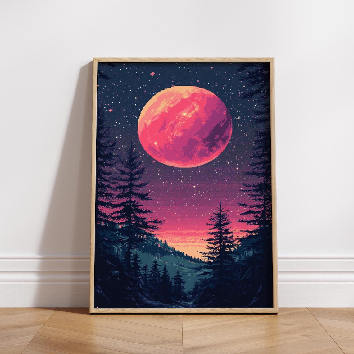 Pink Moon 8 Bit Pixel Art Starry Night Forest Vaporwave Sky Landscape Poster