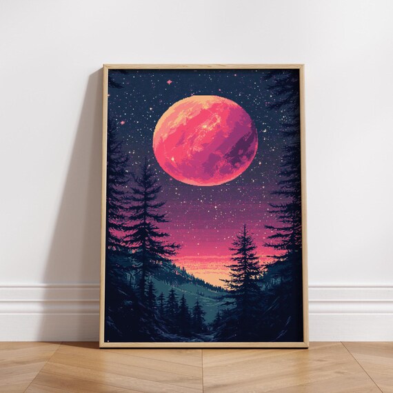 8bit Pink Moon Forest Poster Retro Pixel Sky Landscape Wall Art Vaporwave Nightscape Print For Gamers Dreamers