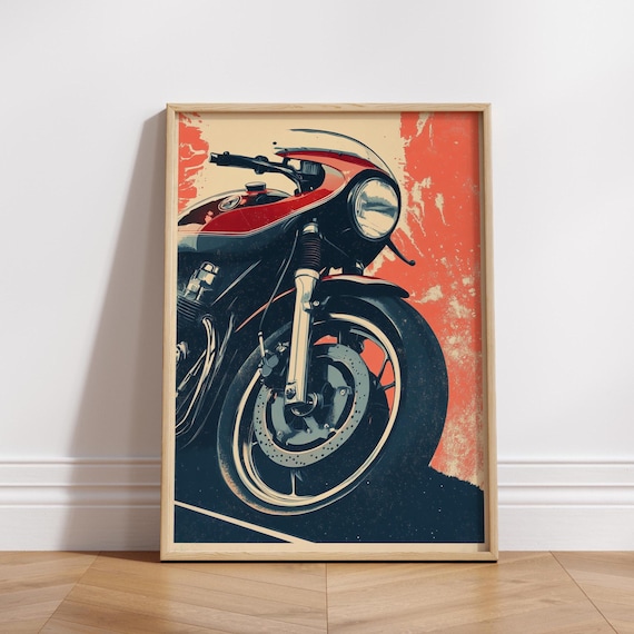 Cafe Racer Motorcycle Poster Bold Red Wall Art Print Retro Bike Front View Modern Garage Decor Gift For Biker Or Moto Fan
