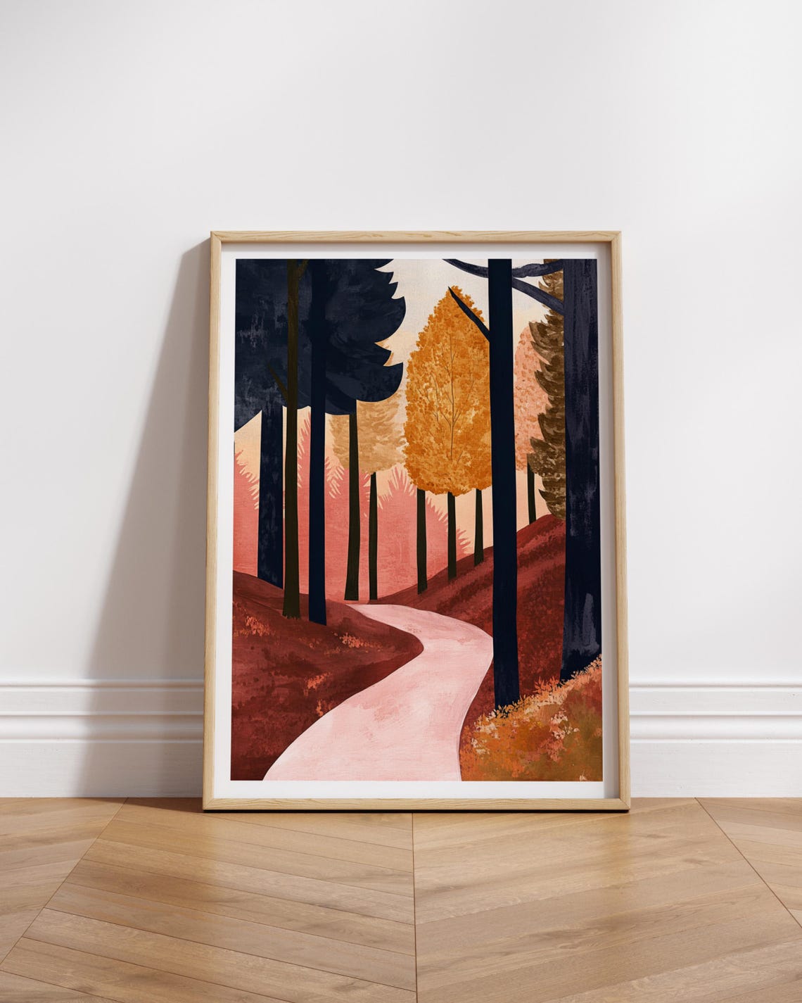Autumn Forest Path with Golden Trees Minimalist Nature Poster