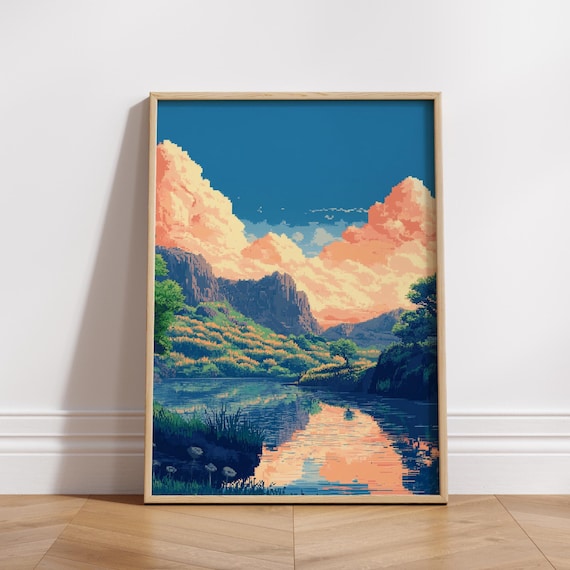8 Bit Pixel Art Landscape Poster Home Decor Vintage Wall Nature Print Gift For Lovers Retro