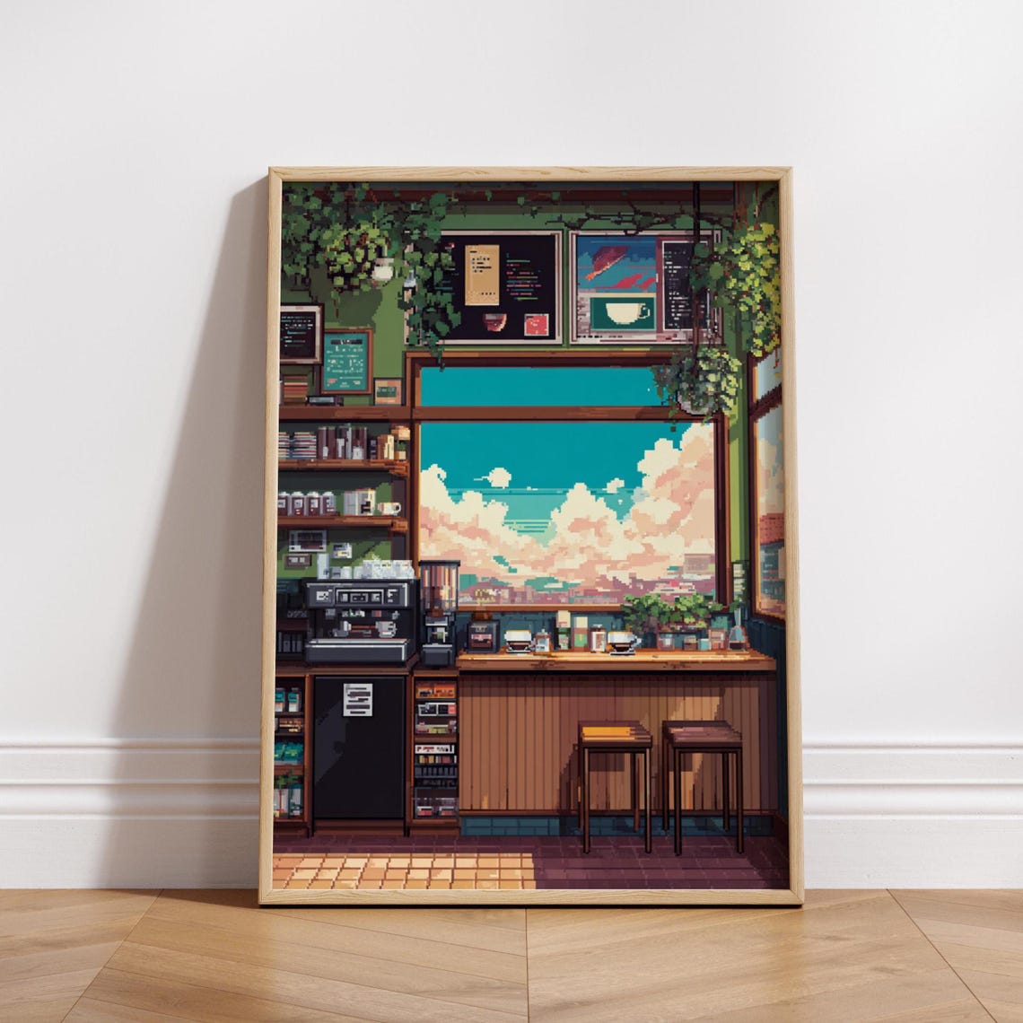 8 Bit Cozy Cafe Poster, Retro Pixel Art