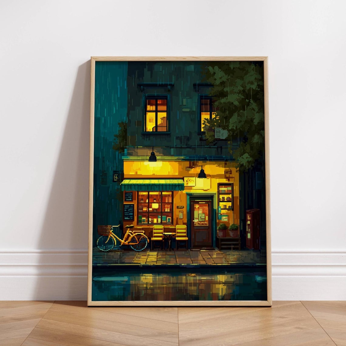 Pixel Art Rainy Night Cafe Street Warm Cozy Glow Lights Art Poster