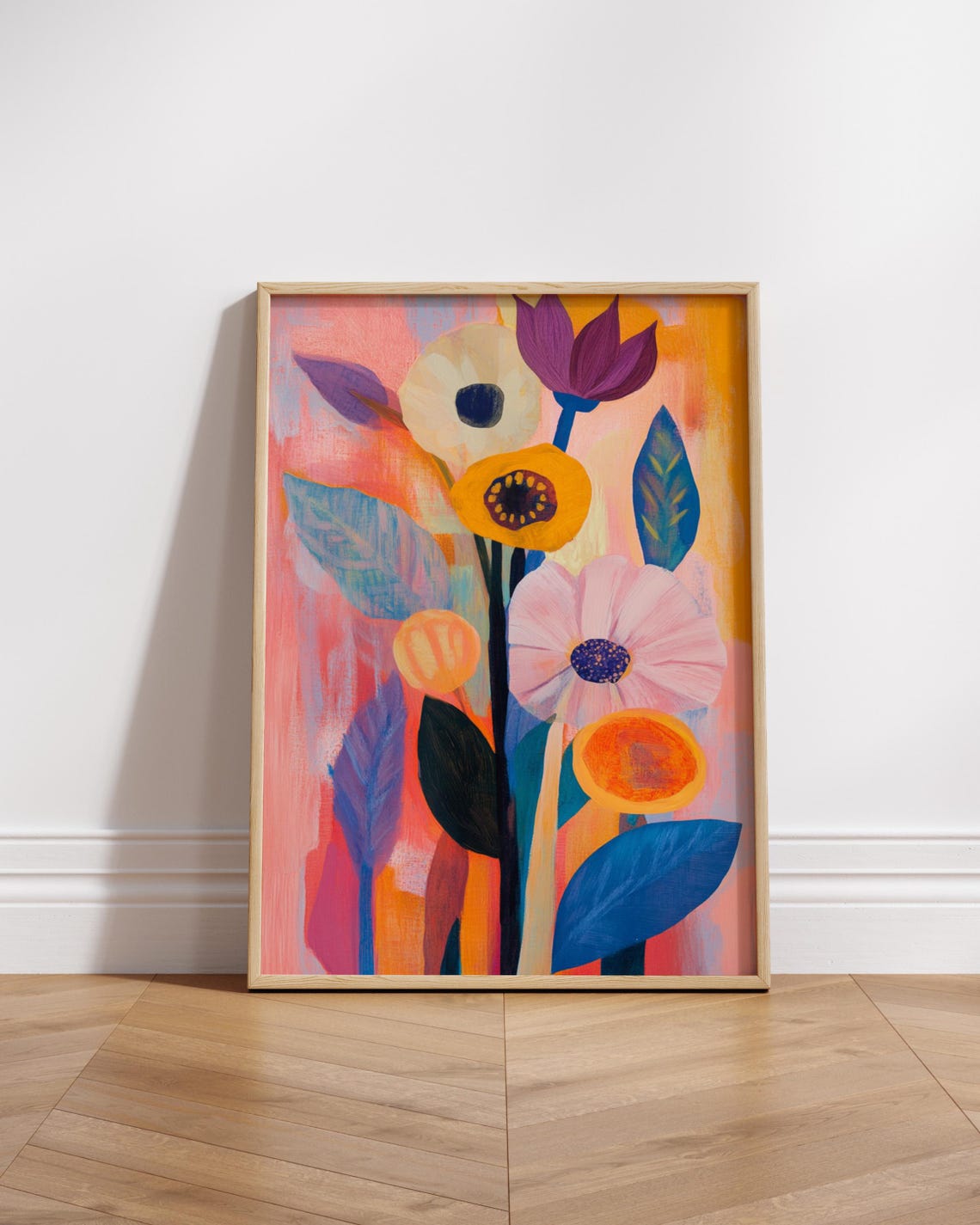 Colorful Boho Floral Bouquet Pink Orange Blue Botanical Poster