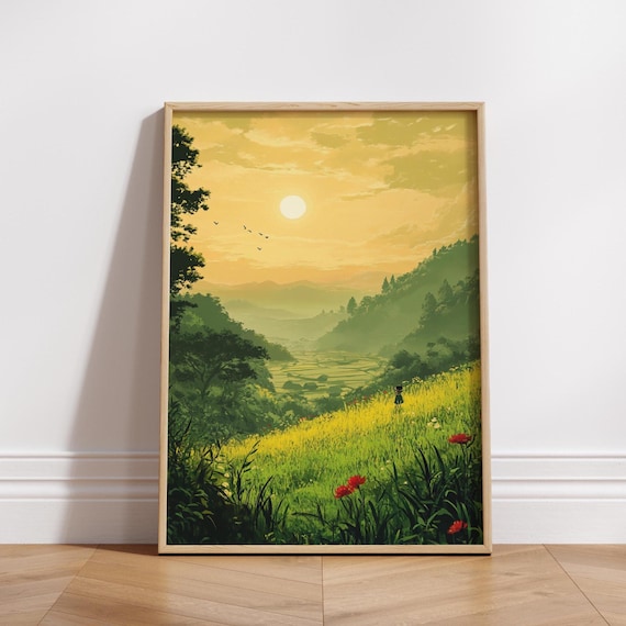 Anime Golden Valley Sunrise Meadow Girl Fantasy Art Style Poster