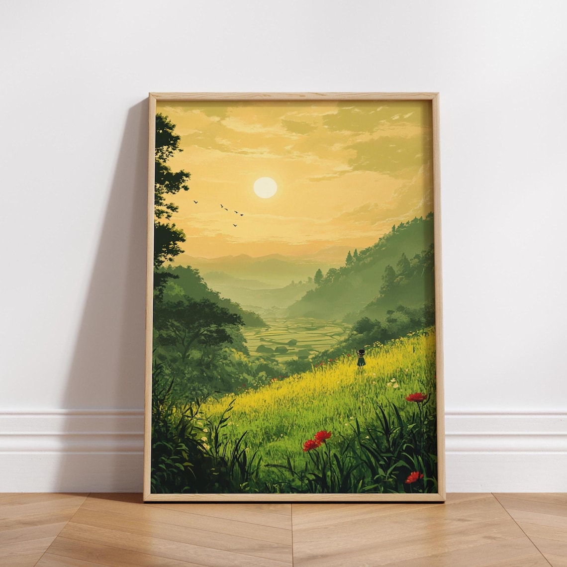 Anime Golden Valley Sunrise Meadow Girl Fantasy Art Style Poster