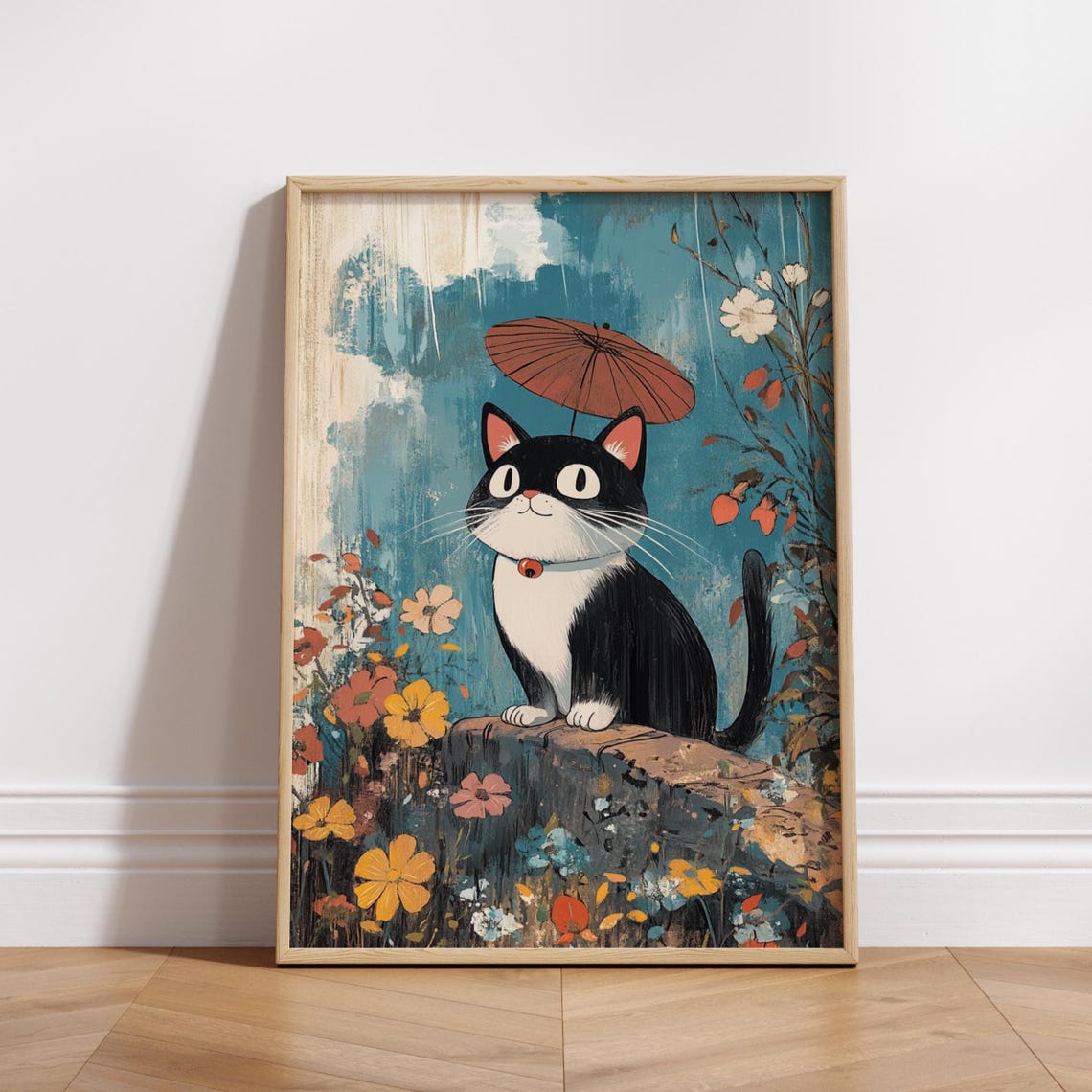 Black Cat With Red Umbrella Rainy Garden Whimsical Floral Poster