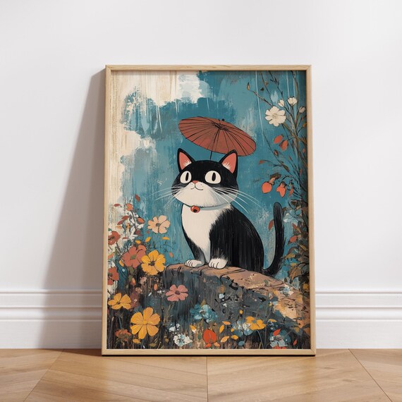 Black Cat With Red Umbrella Rainy Garden Whimsical Floral Poster