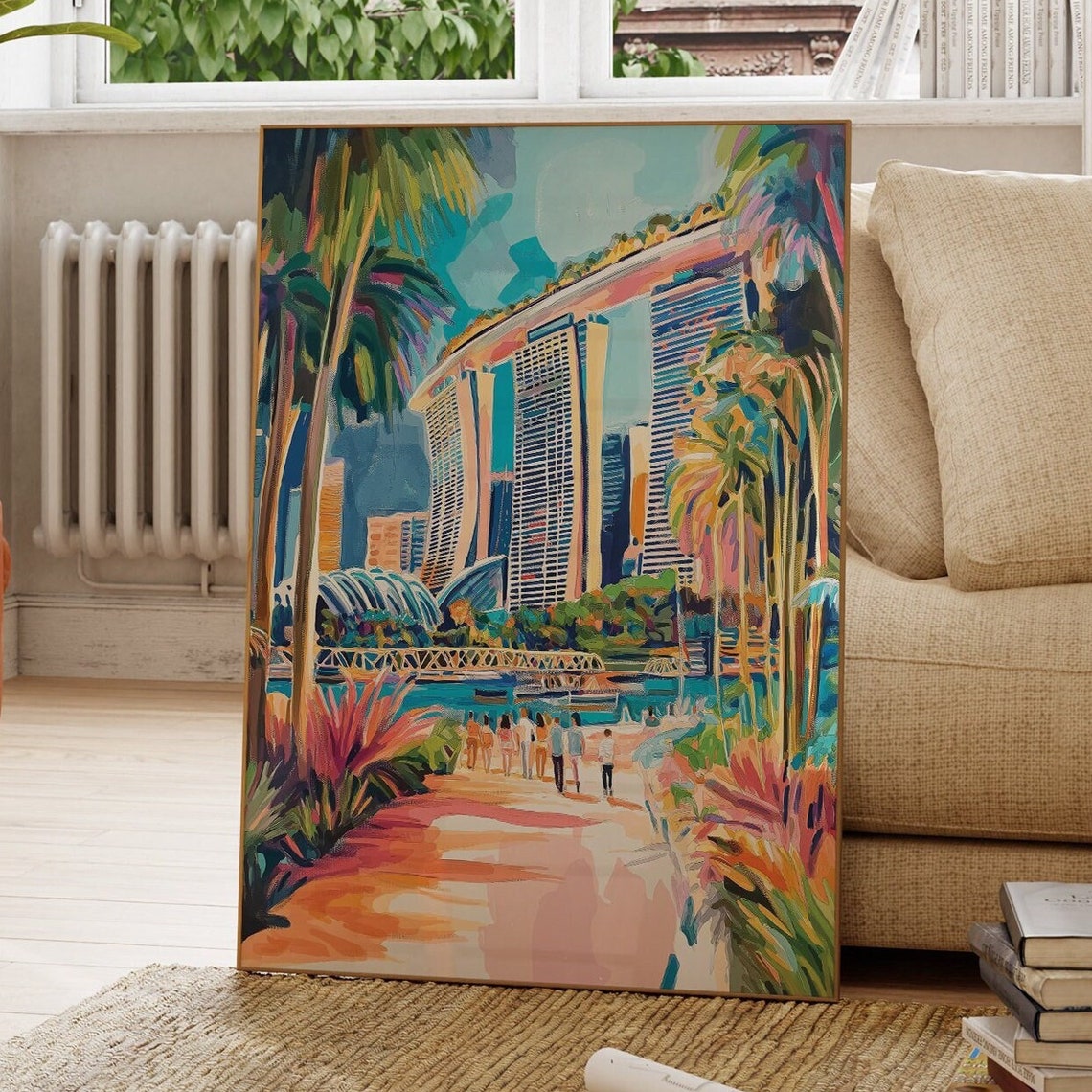 Singapore Marina Bay Sands Colorful Palm Cityscape Art Poster